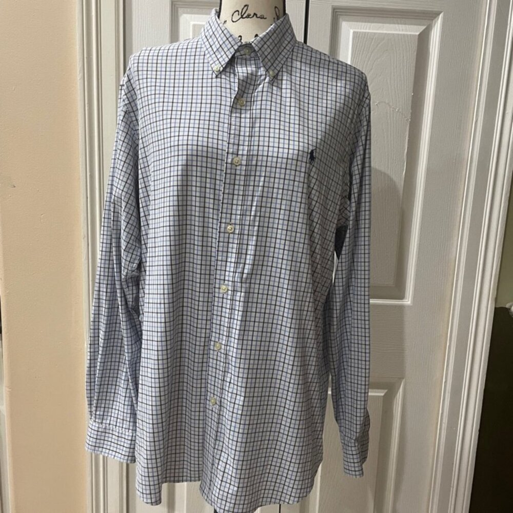 Ralph Lauren Button Down Long Sleeve Shirt Classic Size Large White Blue